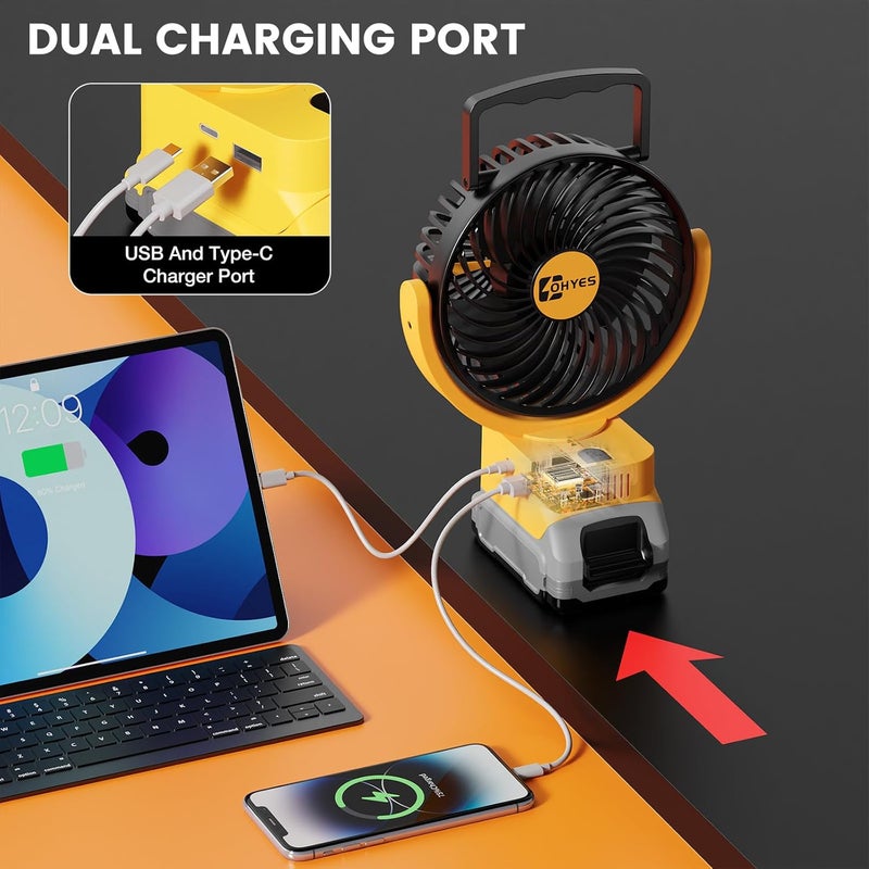 ohyes Cordless 5IN Jobsite Fan Fit For DeWALT 20V Max Battery Brushless Motor Variable Speed USB Fast Charging For Camping and Workshop(Battery not included) - Image 2